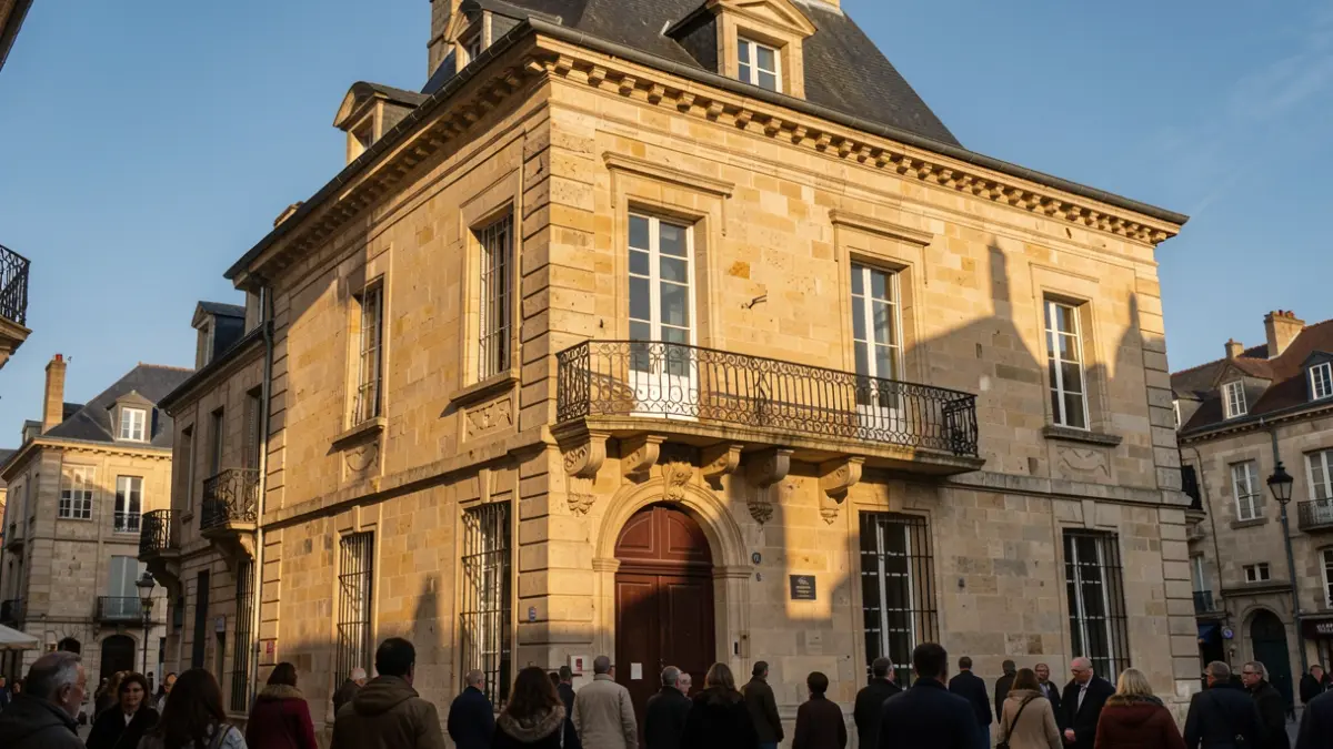 Facade of an old stone town hall with a balcony and wrought iron railings, under the late afternoon sun.
