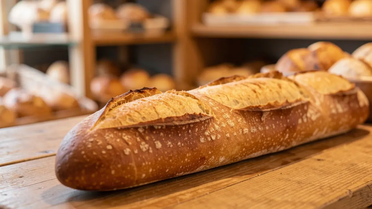 Generic image of a golden-brown, crusty traditional baguette on a wooden counter.