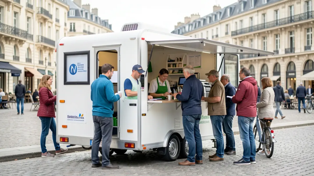 Caravane solidaire sur la place de la République à Bois-Colombes, proposant des services de solidarité et de santé.
