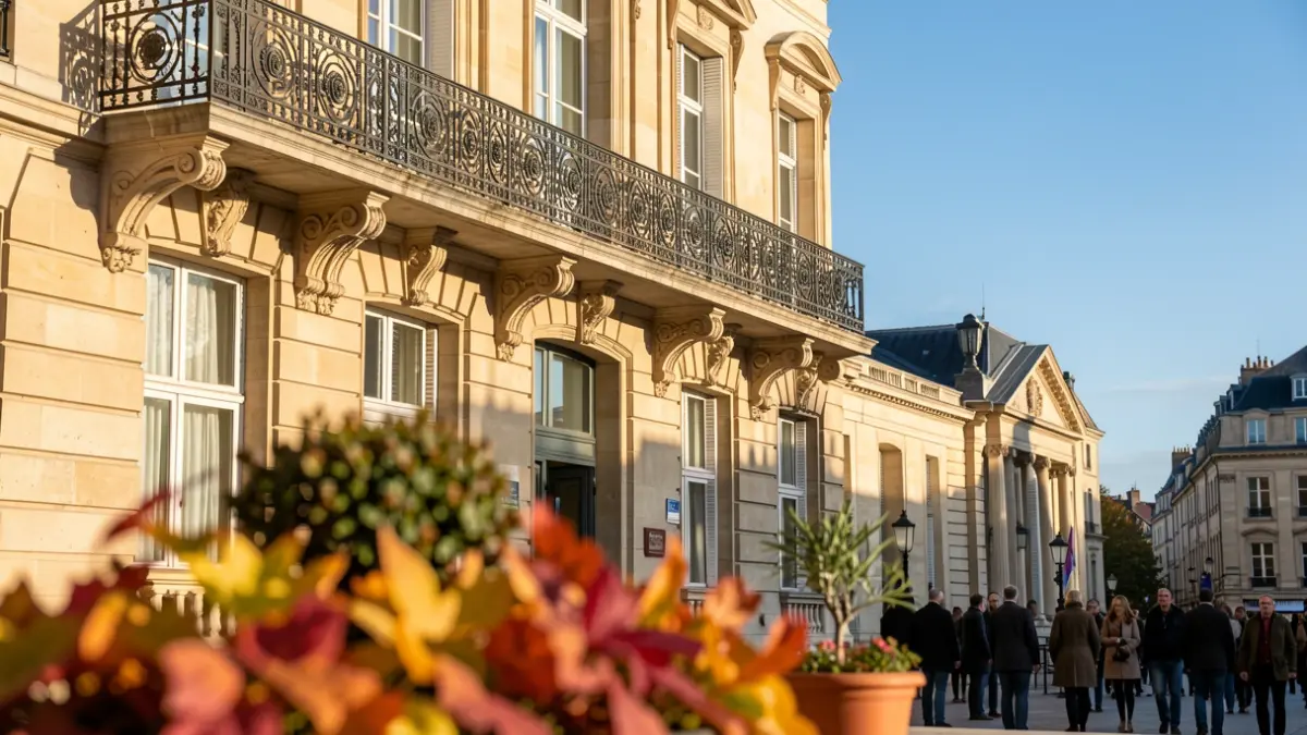 Stone facade of an Île-de-France town hall with an iron balcony, afternoon light.