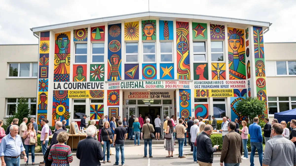 Façade d'un centre culturel de quartier à La Courneuve décorée de motifs artistiques du monde.