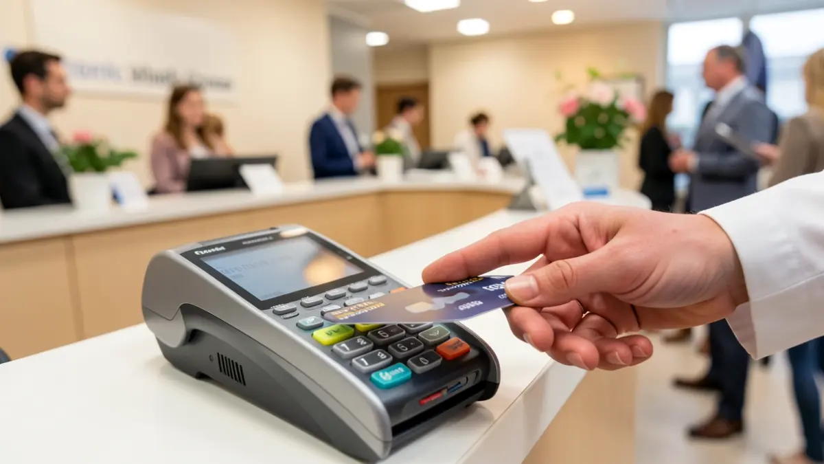 Generic image of a modern payment terminal with a credit card inserted, in a health center.