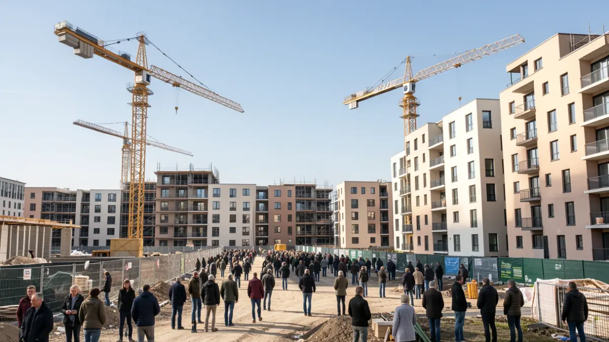 Image générique de nouveaux immeubles en construction sur un ancien site industriel, ciel dégagé.