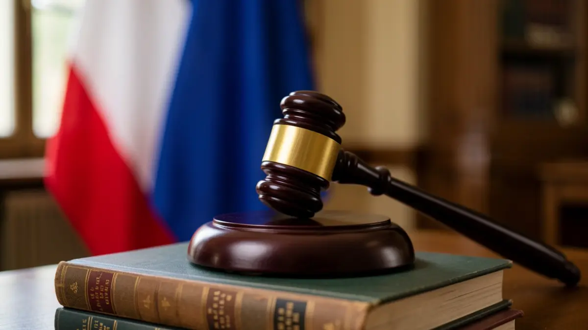 Image générique d'un maillet de juge posé sur des livres de droit, avec un drapeau français flouté en arrière-plan.