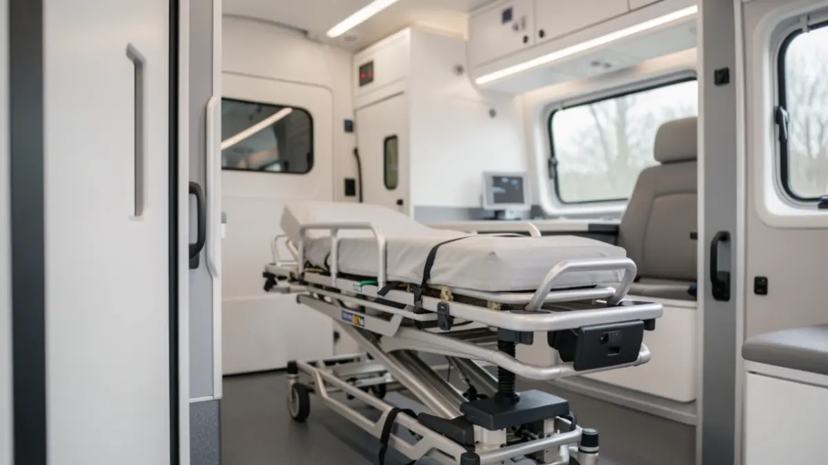 Generic image of a modern ambulance interior with a stretcher.