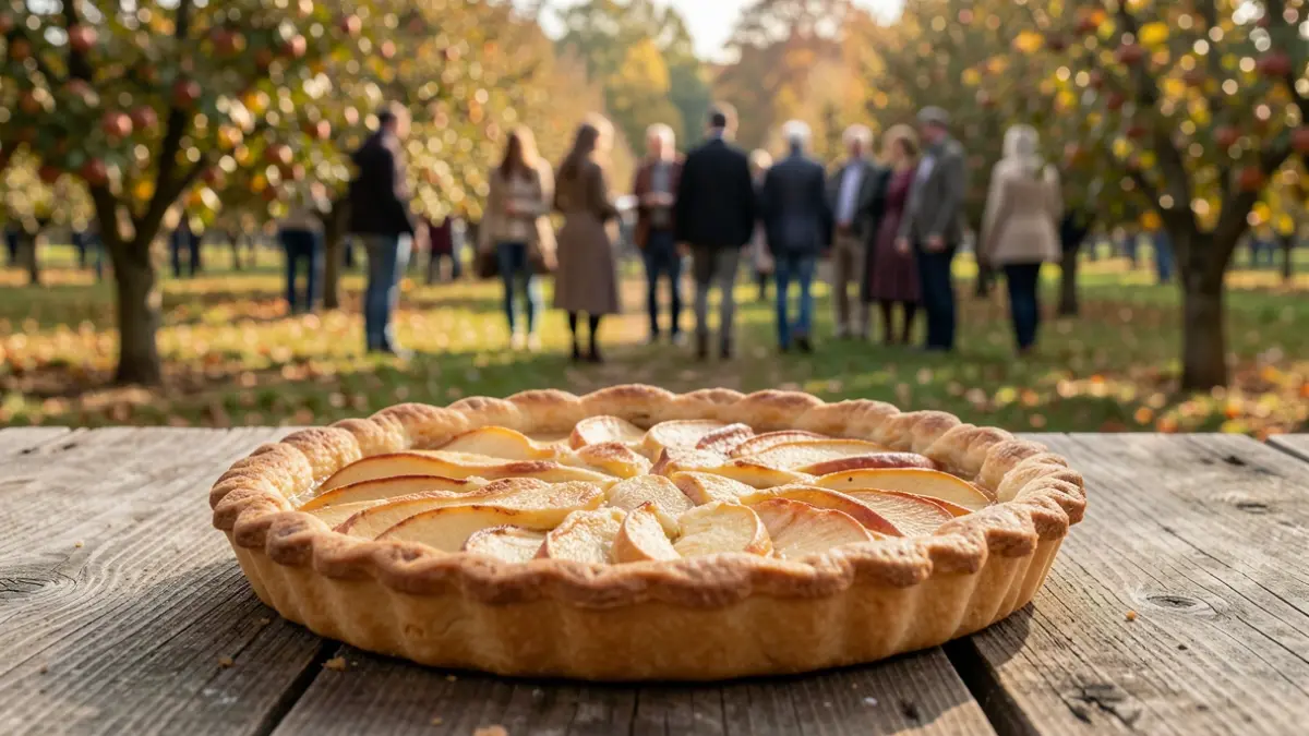 Generic image of an apple tart on a wooden table, with an orchard in the background.