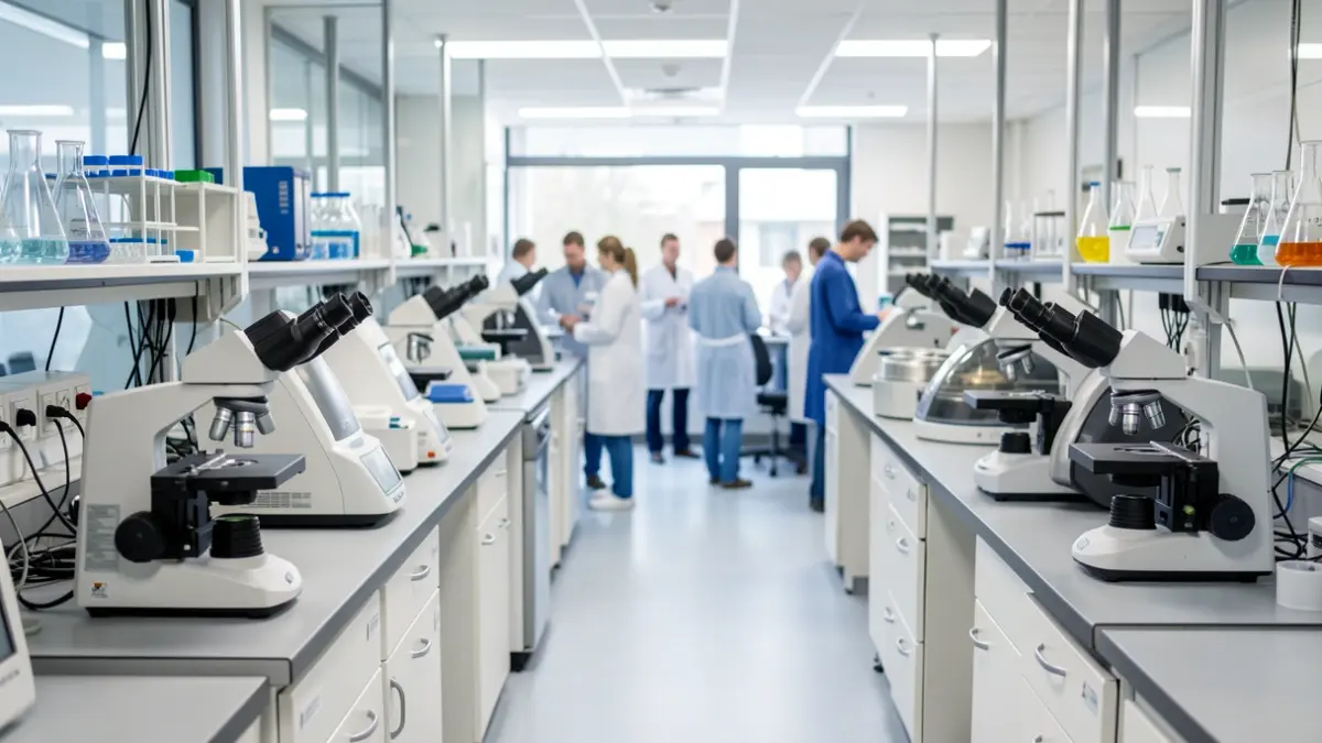Image générique d'un laboratoire de recherche médicale moderne à Paris, avec des équipements scientifiques et un éclairage doux.
