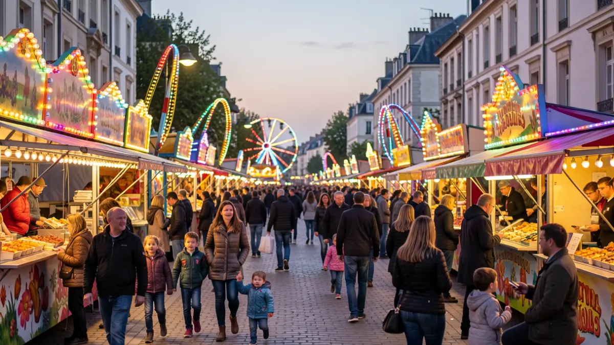 Image générique de fête foraine avec manèges et stands de nourriture illuminés le soir.