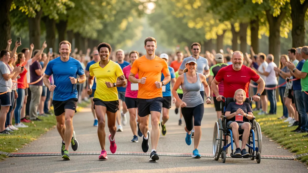 Generic image of runners crossing a finish line, including participants with disabilities, in an inclusive sports setting.