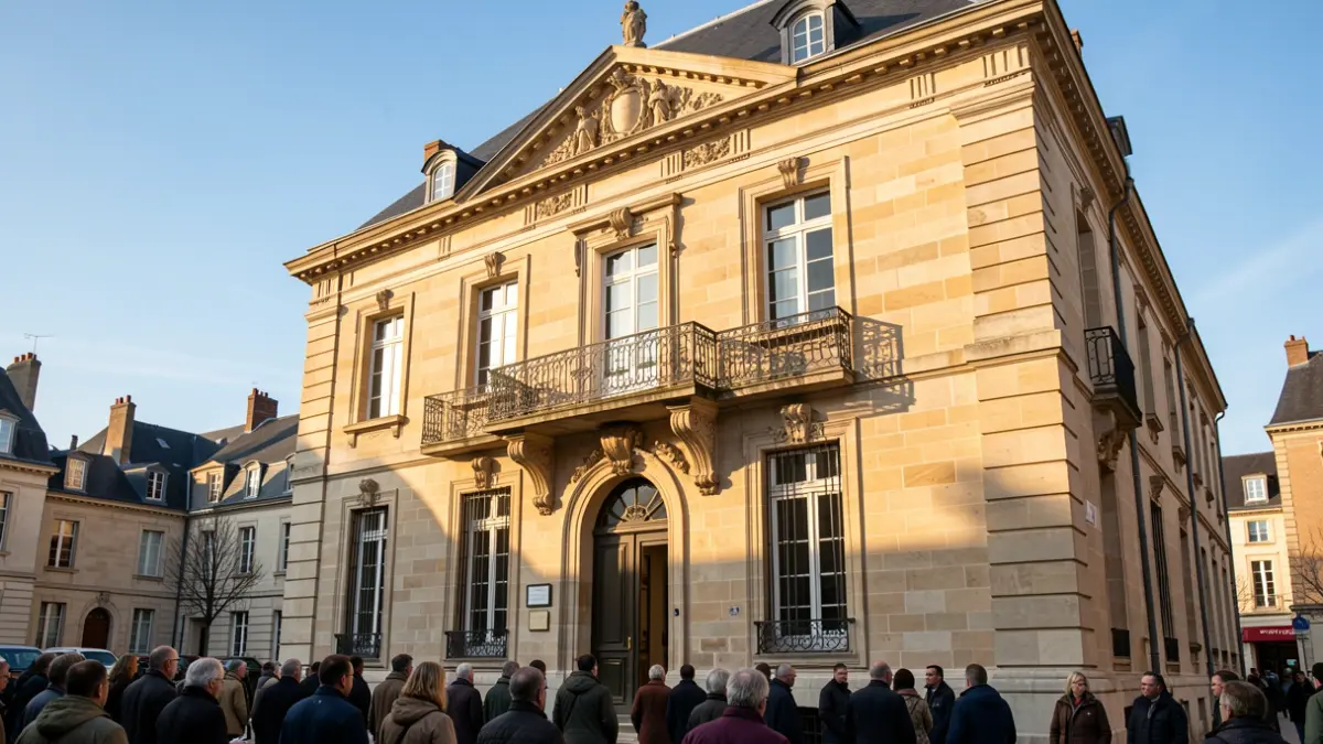 Façade d'un hôtel de ville en pierre de style haussmannien, avec balcon orné et éclairage solaire d'après-midi.