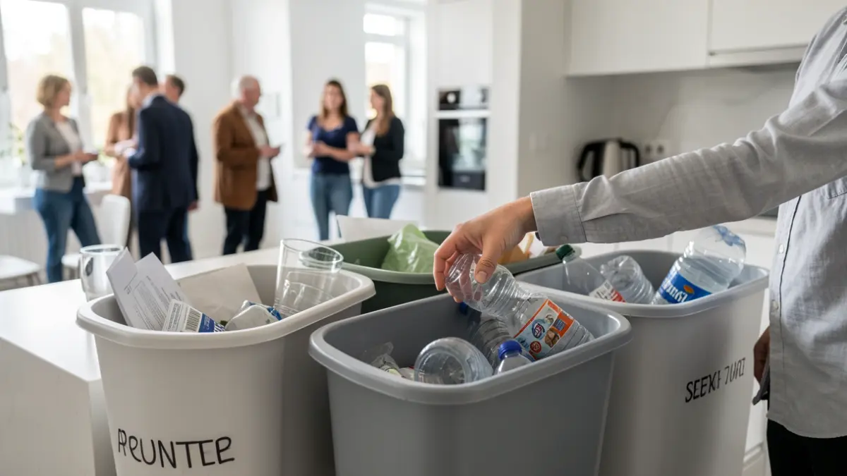 Main triant des déchets recyclables dans des poubelles étiquetées.