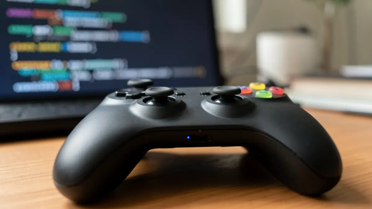 Generic image of a video game controller on a desk with blurred computer code in the background.