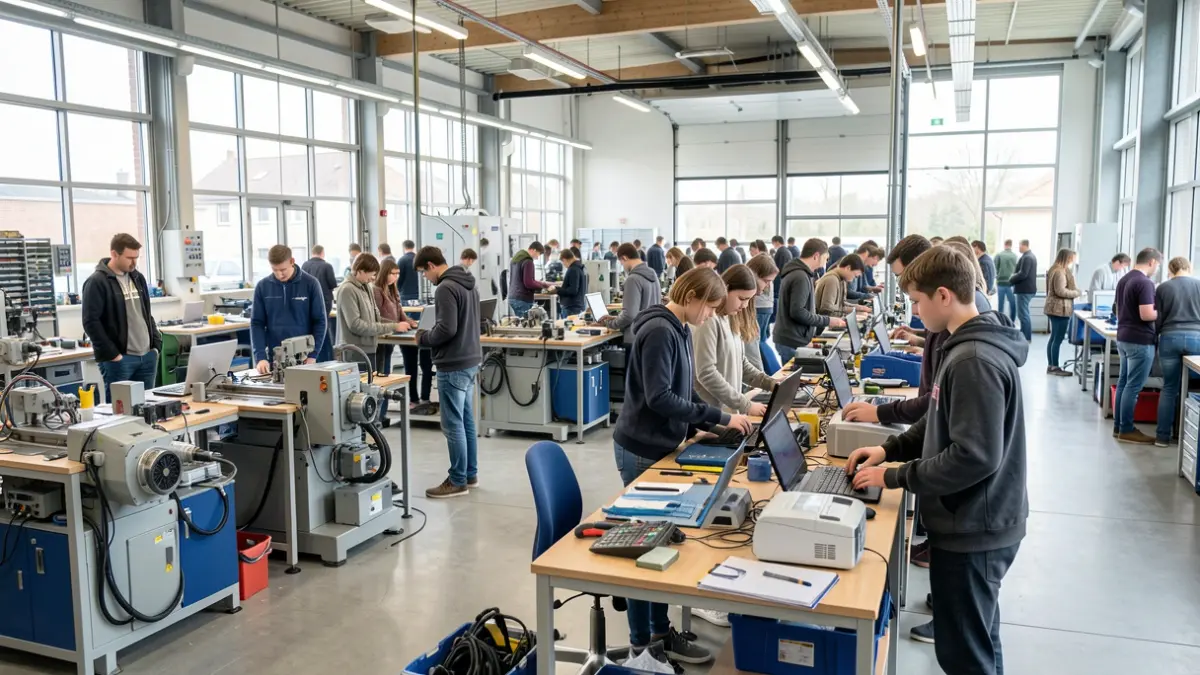 Image générique d'ateliers industriels avec des jeunes et des formateurs.