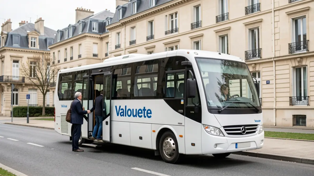 A white electric minibus of the Valouette, line V7, parked in front of the Villejuif town hall.