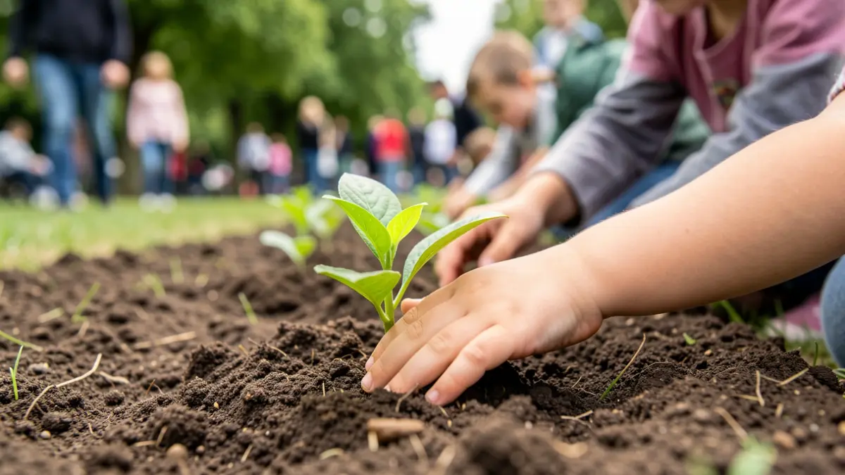 Generic image of child's hands touching a plant in a park.