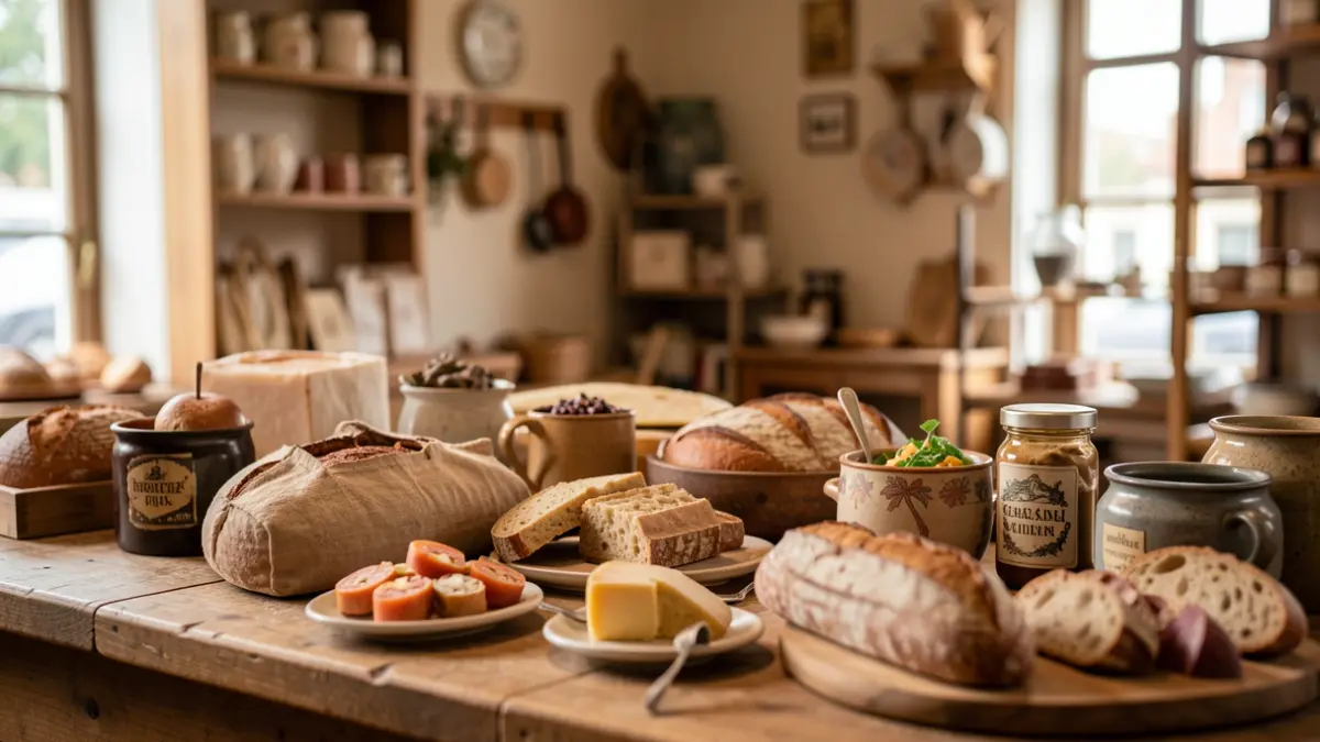 Image générique de divers produits artisanaux et gastronomiques mis en valeur dans un cadre élégant.