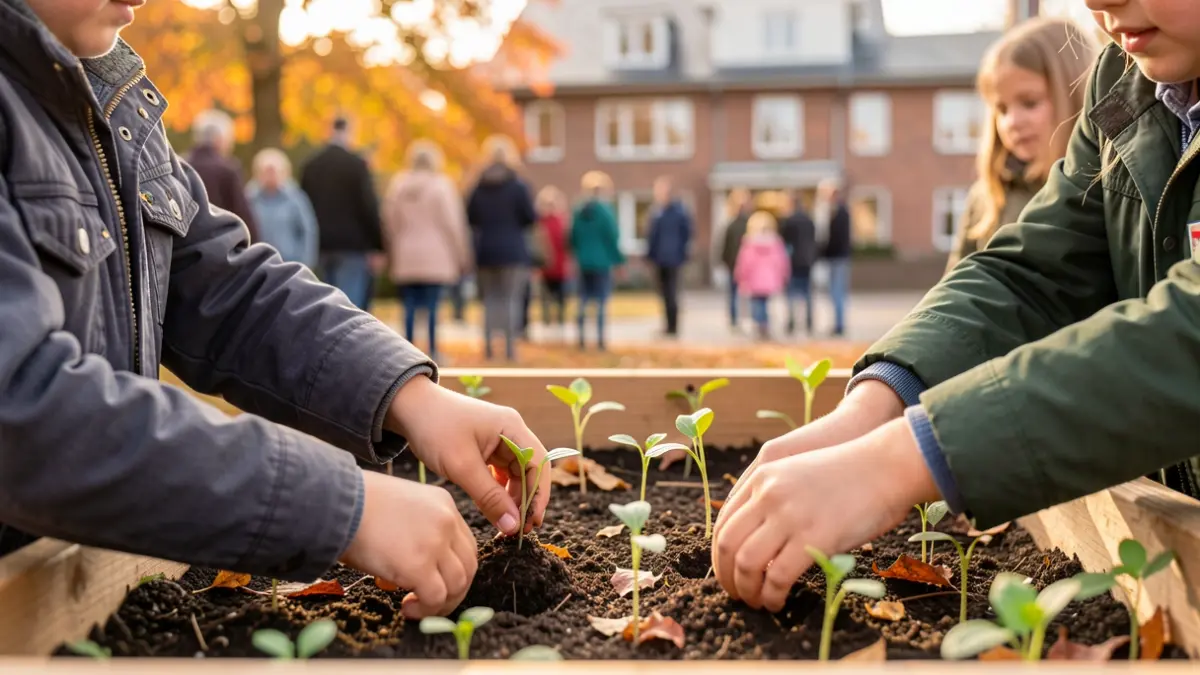 Generic image of children's hands planting small seedlings in a raised garden bed, with a blurred background of a community center and autumn leaves.
