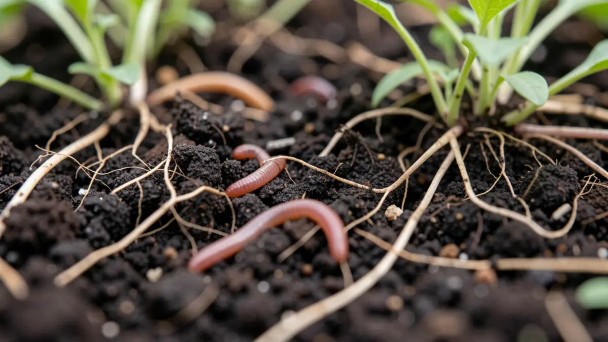 Generic image of rich, dark soil with earthworms and plant roots, symbolizing biodiversity and fragility.