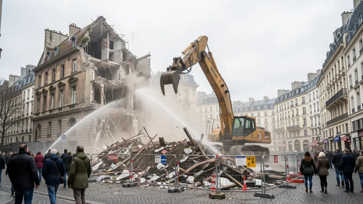 Image générique d'un chantier de démolition avec une grue et des brumisateurs.