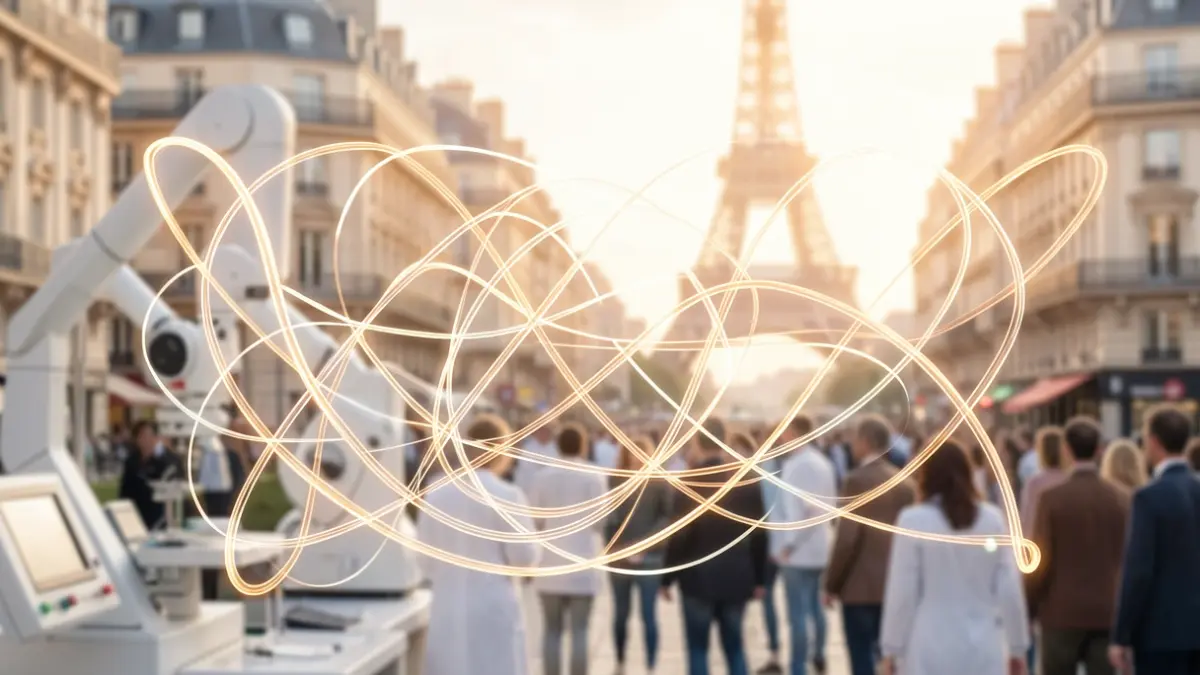 Image générique représentant la collaboration scientifique et l'innovation dans le domaine de la santé, avec des lignes lumineuses entrelacées formant un réseau sur un fond flou d'équipements de recherche médicale et d'architecture parisienne.