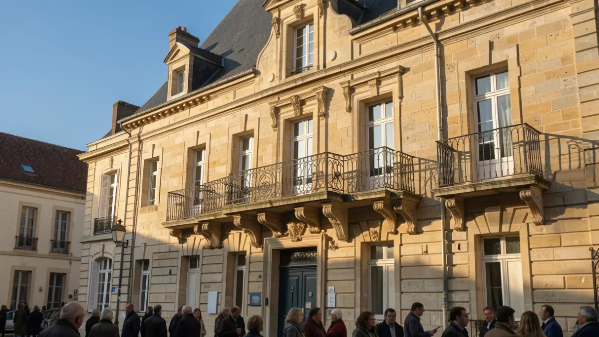 Facade of the Lardy town hall, a stone building with an ornate balcony, under an afternoon sun.