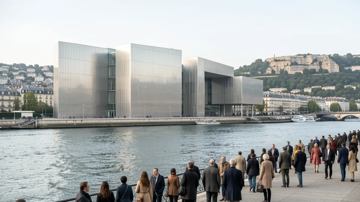 Generic image of a contemporary art center with metallic facades and monumental volumes.