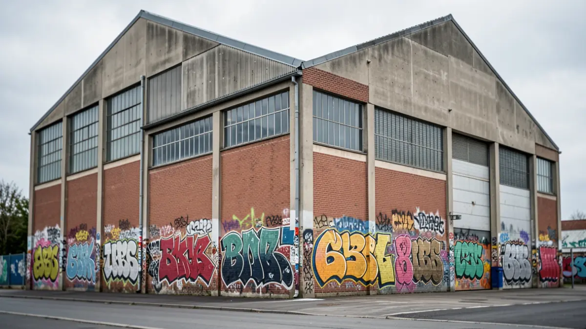 Exterior view of the 6b art collective building in Saint-Denis, industrial-style structure with urban art.