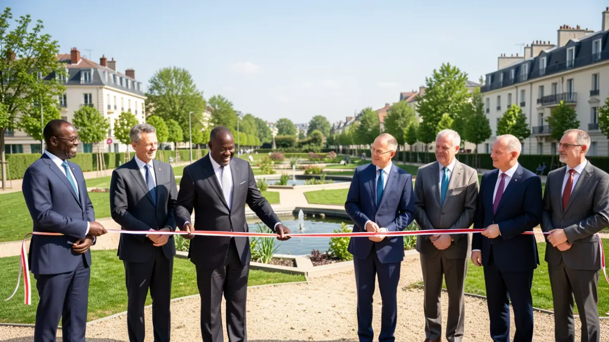 Inauguration du nouveau parc des bassins du Pont-Yblon au Blanc-Mesnil par le maire Demba Traore et des élus locaux.