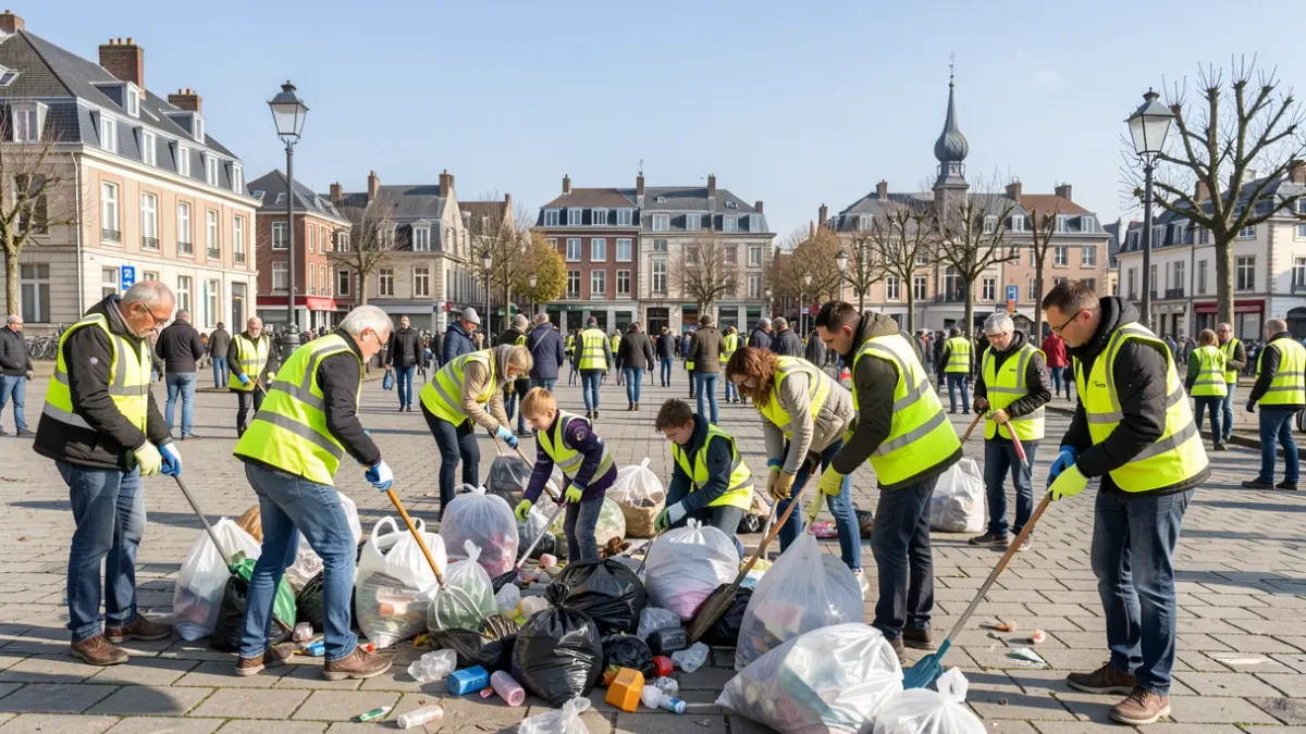 Image générique de volontaires ramassant des déchets dans un espace public.