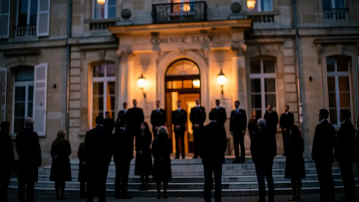 Generic image of a commemorative ceremony in front of a French town hall at dusk.
