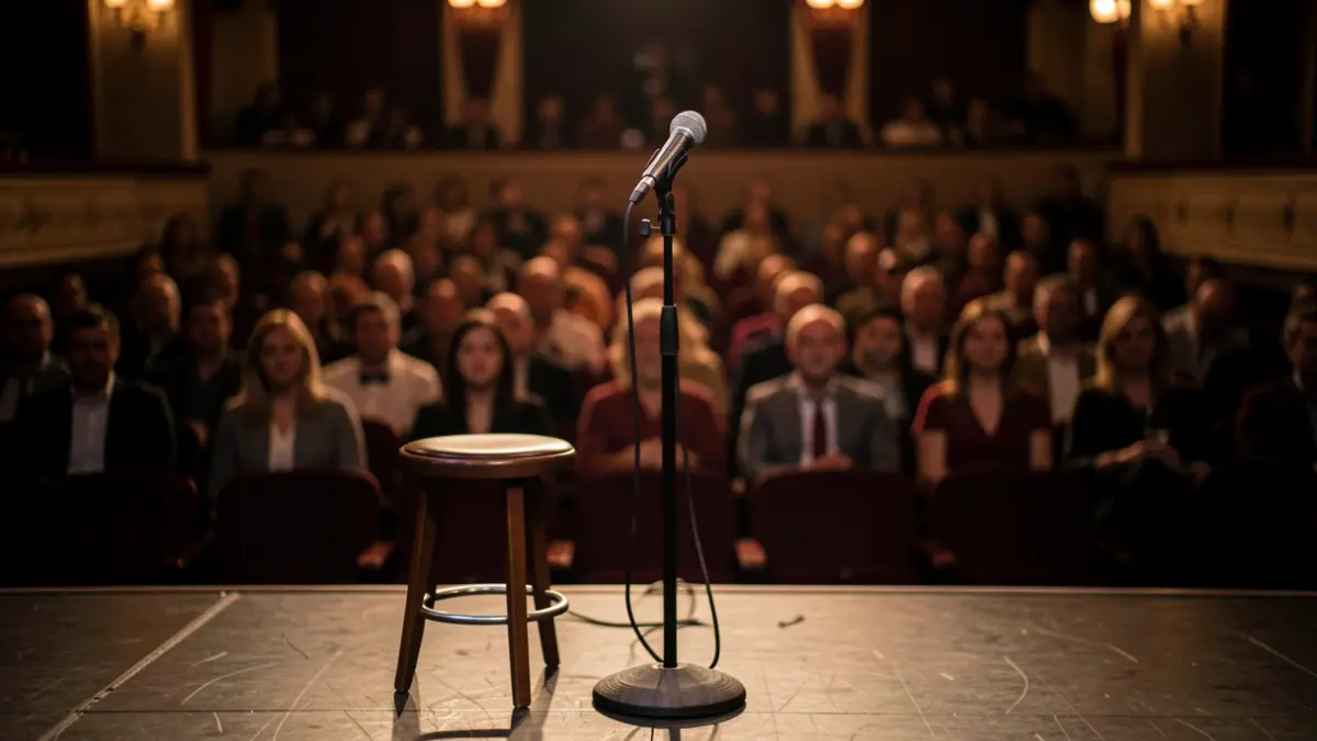 Generic image of a stand-up comedy stage with a microphone and stool, in a theater venue.