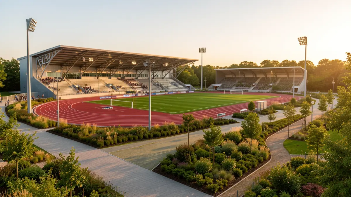 Image générique d'un stade sportif rénové avec piste d'athlétisme et terrain de football, intégré dans son environnement.