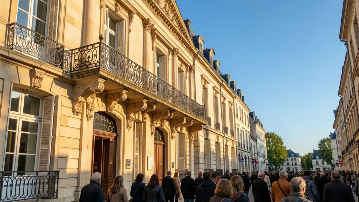 Generic image of an Île-de-France town hall facade with an ornate balcony and iron railings, bathed in warm afternoon sunlight casting shadows on sandstone walls, under a clear blue sky.