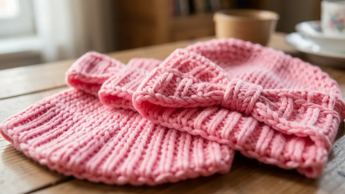Image générique de bonnets et tours de tête tricotés roses.