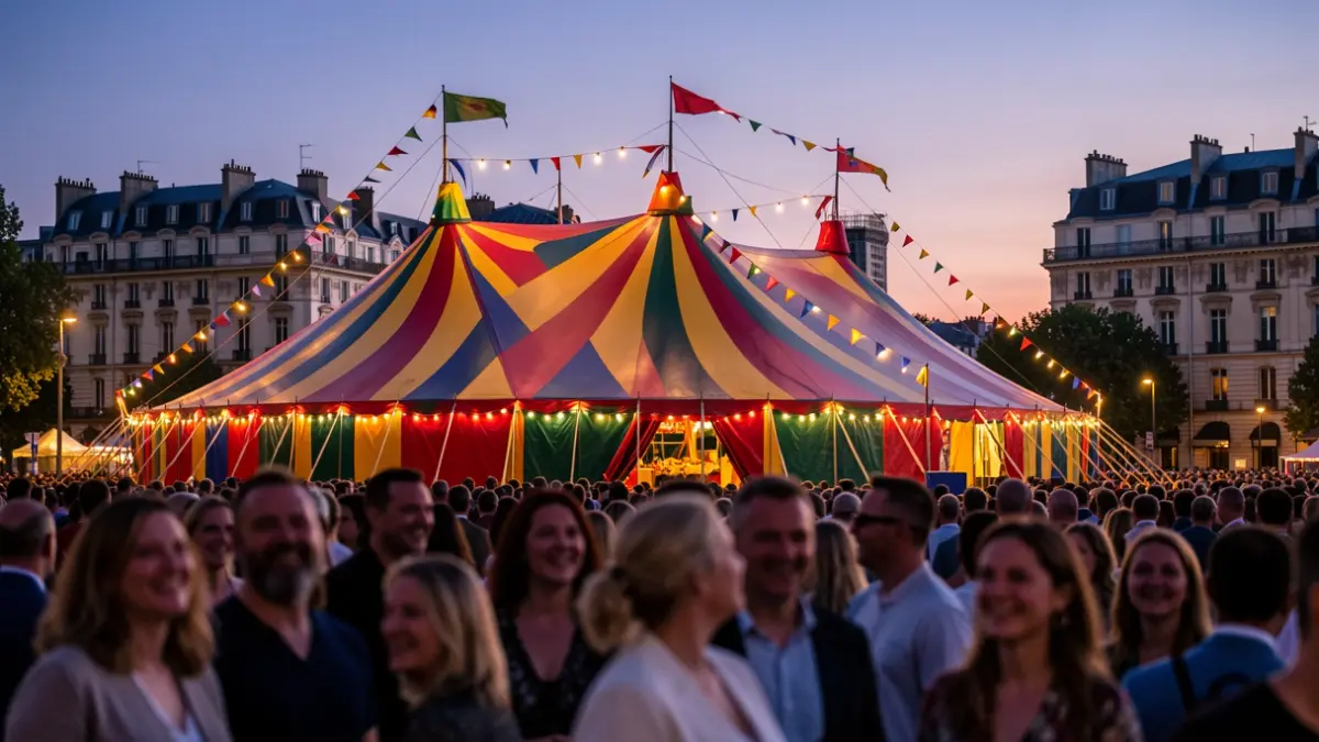 Generic image of a colorful circus tent with lights and audience silhouettes.