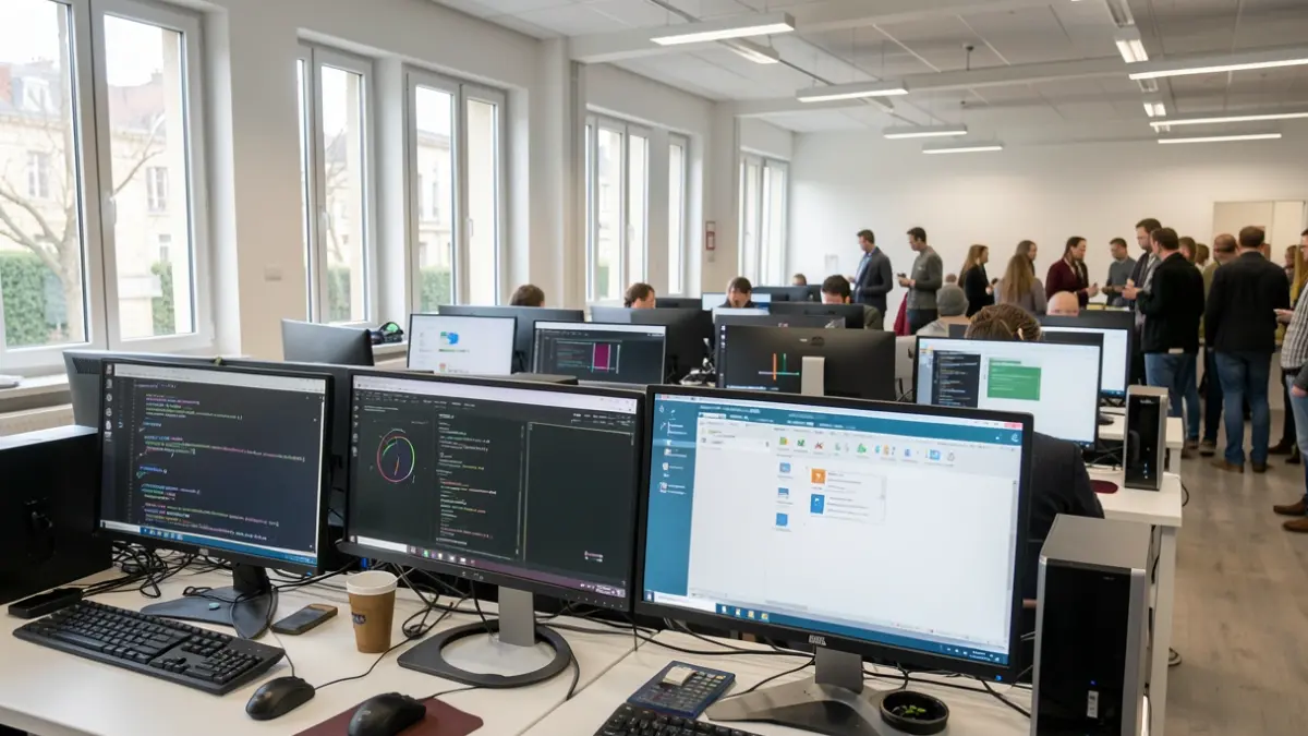 Image générique d'un atelier informatique moderne avec des écrans affichant des logiciels libres.