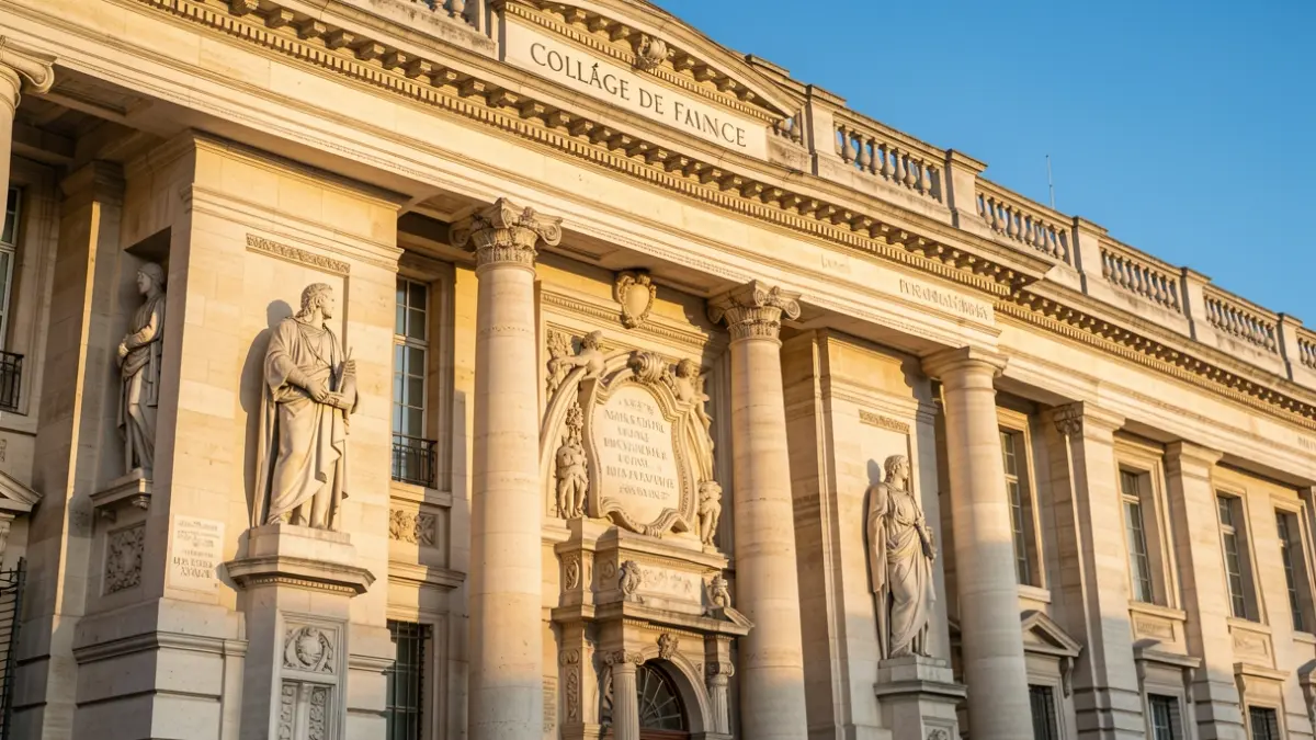 Facade of the Collège de France in Paris, highlighting its statues and commemorative plaques under an afternoon sun.