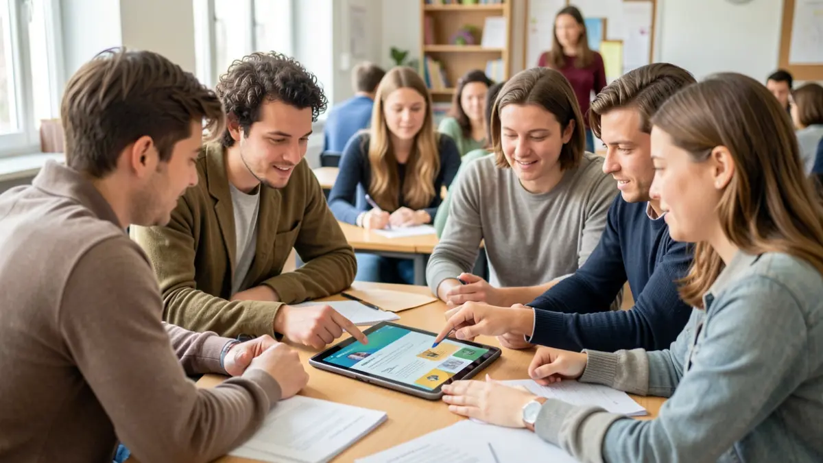Generic image of students and educators collaborating around a table with a tablet.