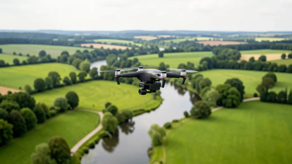 Generic image of a drone hovering over a green valley in Île-de-France, capturing aerial views of winding rivers and natural landscapes.
