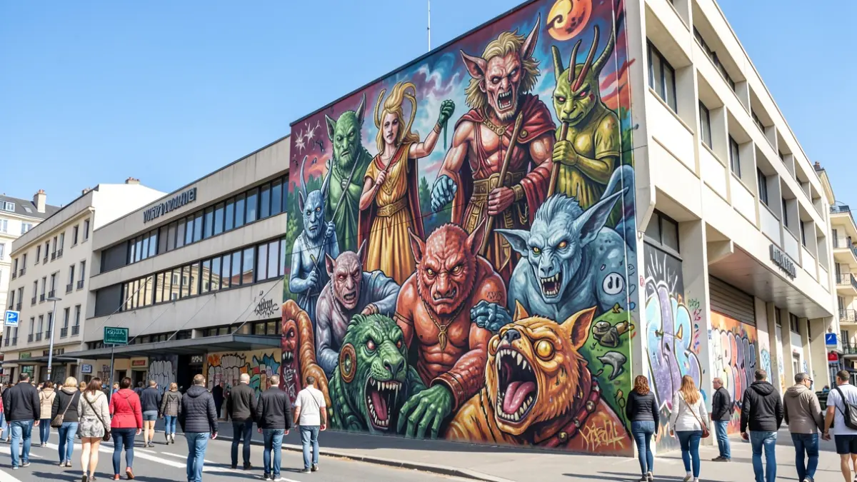 Street art murals depicting fantastical creatures and mythological figures on a municipal building in Vitry-sur-Seine.