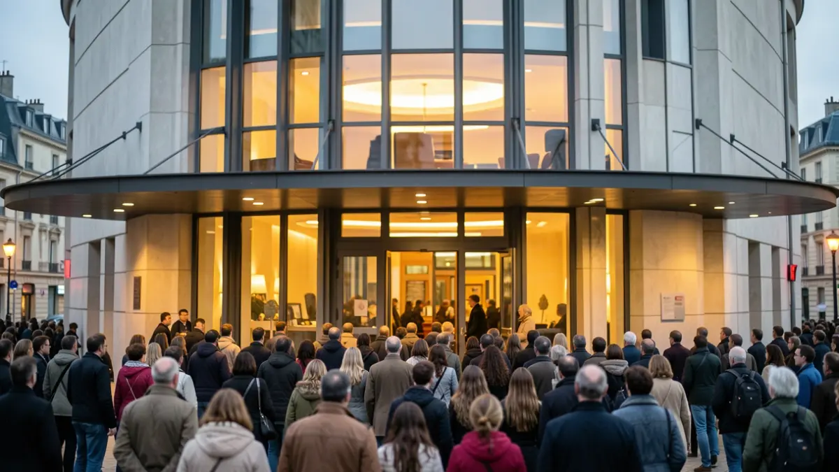 Image générique d'une façade de théâtre moderne en Île-de-France, avec une foule diverse entrant, lumières chaudes du soir.