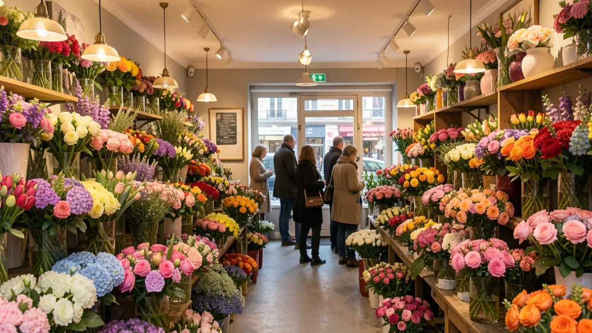 Interior of a flower shop in Clichy, with colorful bouquets.