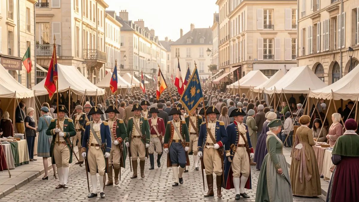 Image générique d'une reconstitution historique dans un parc français, avec des costumes d'époque et une ambiance festive.