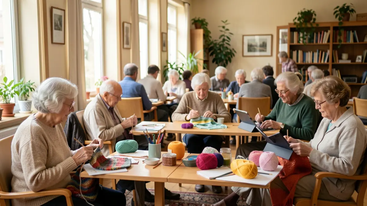 Interior of a welcoming community center in Créteil, with seniors participating in various workshops.