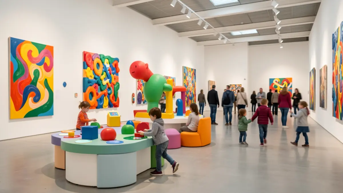 Image générique d'un musée d'art contemporain avec des installations colorées et des activités pour enfants.