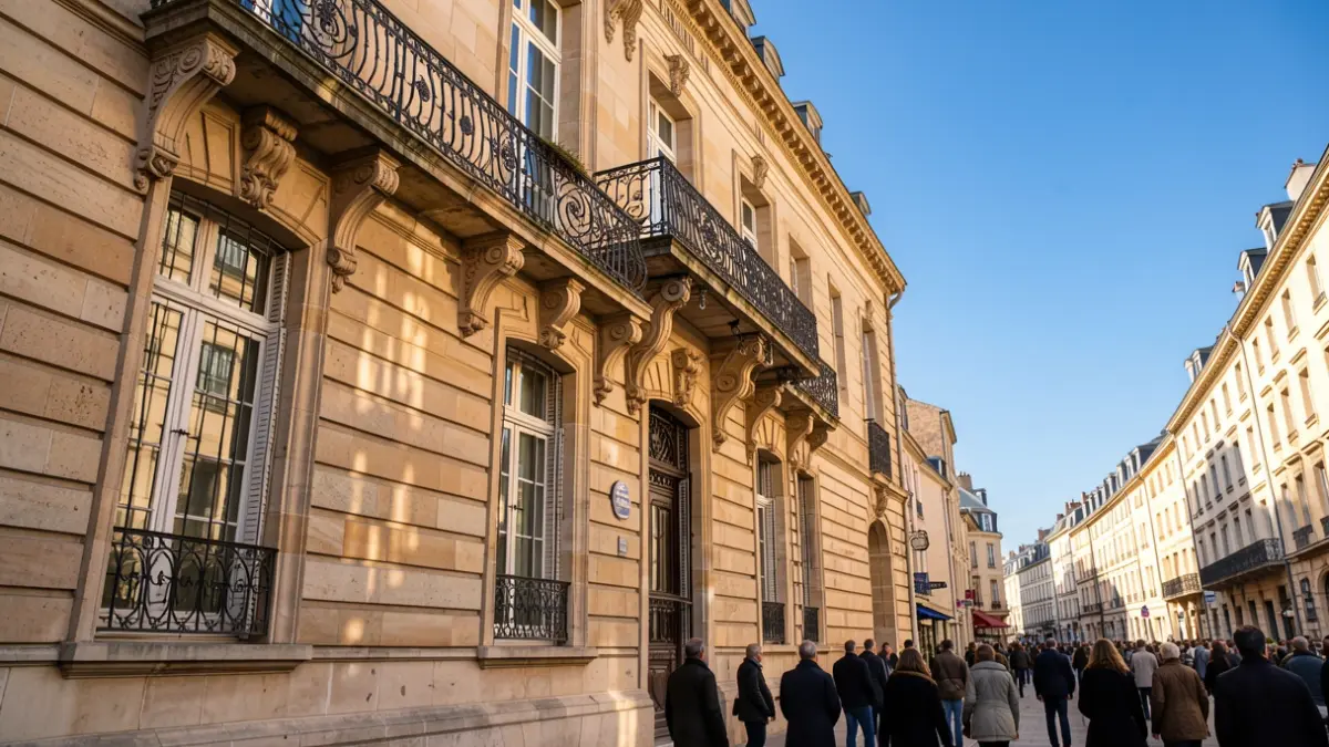 Image générique de la façade d'un hôtel de ville en pierre avec balcon et balustrade en fer forgé, sous un soleil d'après-midi.