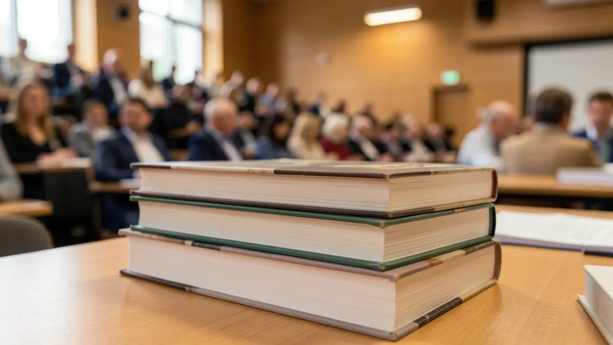 Generic image of books on a desk in a university lecture hall.