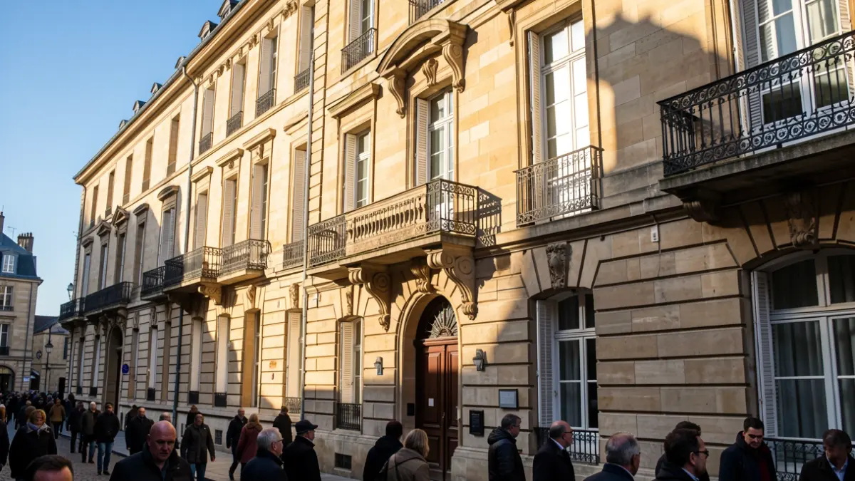 Stone facade of an Île-de-France town hall with an ornate balcony and iron railings, under warm afternoon sunlight.