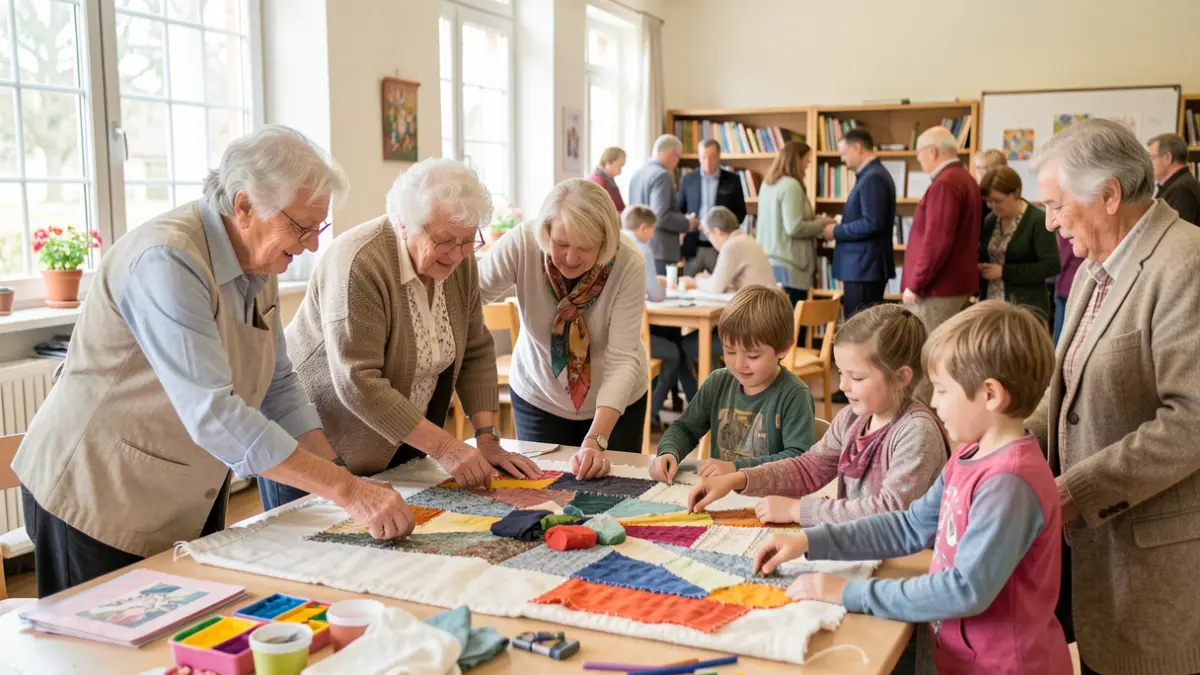 Image générique de personnes âgées et d'enfants travaillant ensemble sur une œuvre textile.