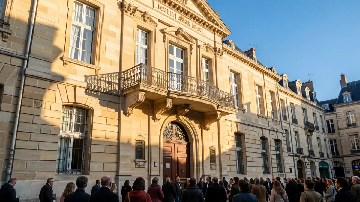 Generic image of a stone town hall facade with an ornate balcony and iron railings, warm afternoon sunlight casting shadows on the sandstone walls, blue sky, documentary photography style, Île-de-France architecture.